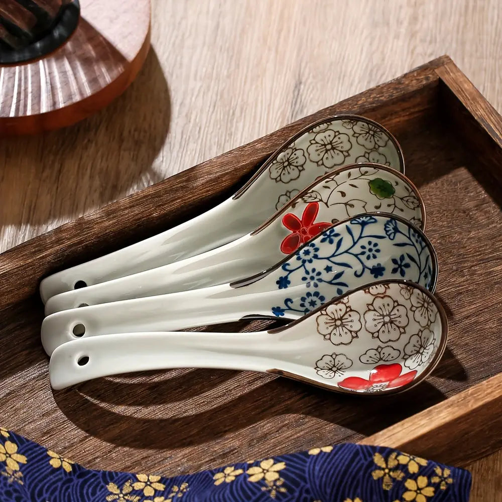 4pcs Japanese Floral Pattern Ceramic Soup Spoons