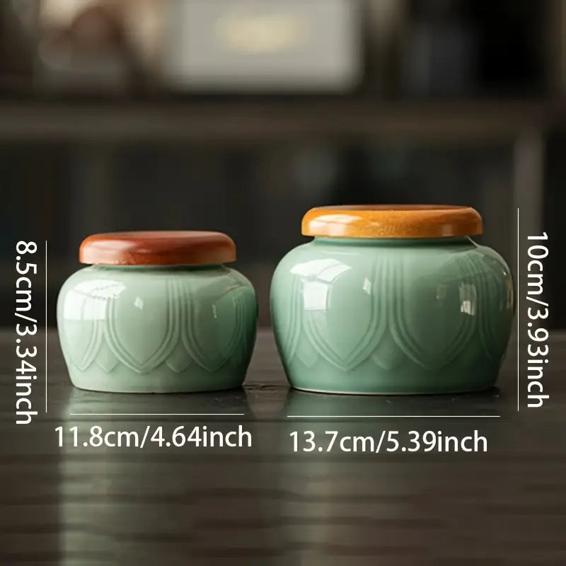 Blue-Green Ceramic Jar - Lotus Leaf Decor, Home and Kitchen