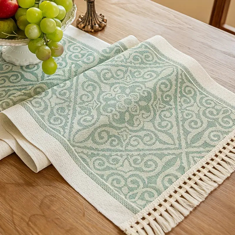 Green Floral Table Runner with Tassels – Festive Decor for Dining & Weddings