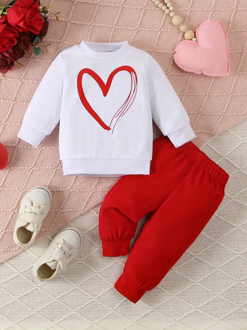 Heart Print Sweatshirt & Pants Set | 2-Piece Casual Sports Suit for Baby Girls