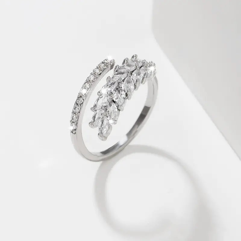 Gold Cuff Ring Adjustable Zirconia Leaves Copper