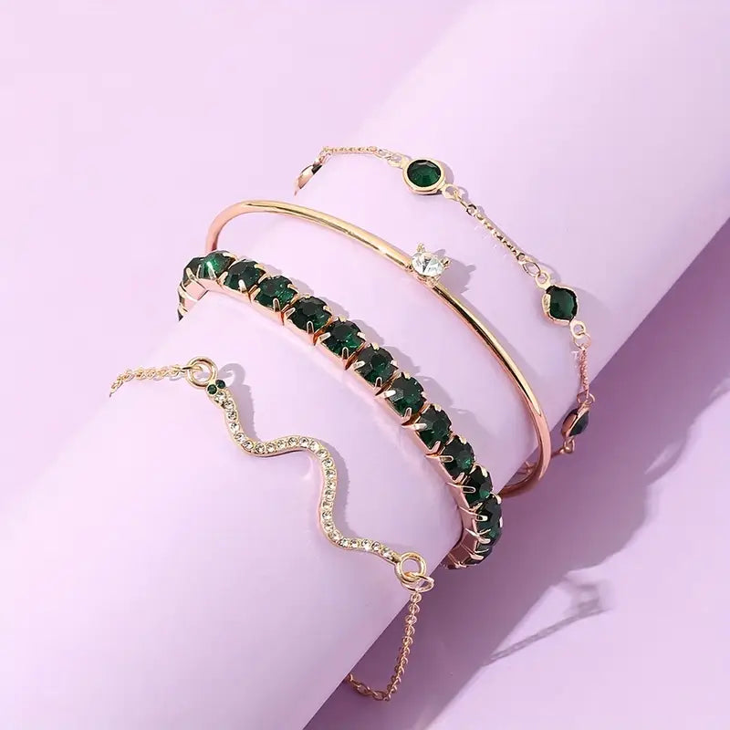 Green Gemstone Snake Bracelet Bangle Set Women