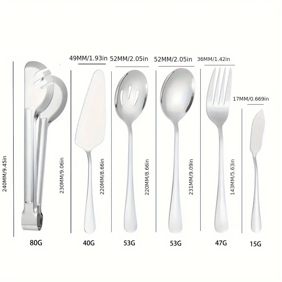 Set of 6 High-quality Stainless Steel Cutlery- Includes Tongs, Serving Spoon, Slotted Serving Spoon, Fork, Cake Shovel, And Butter Knife