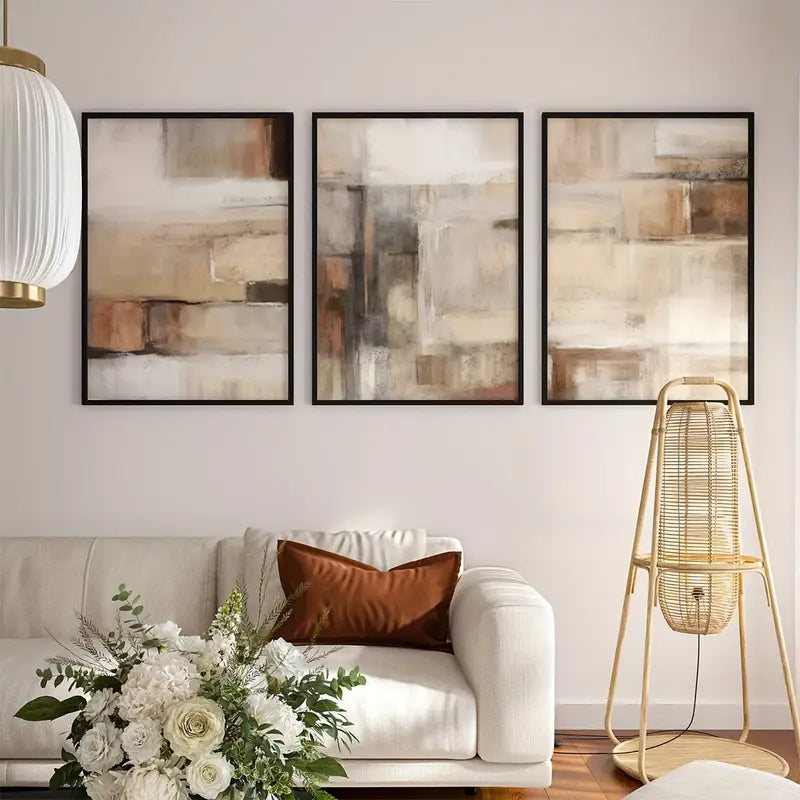 Moderne neutrale abstracte schilderijenset - 3 stuks beige en bruine Scandinavische wandkunstprints