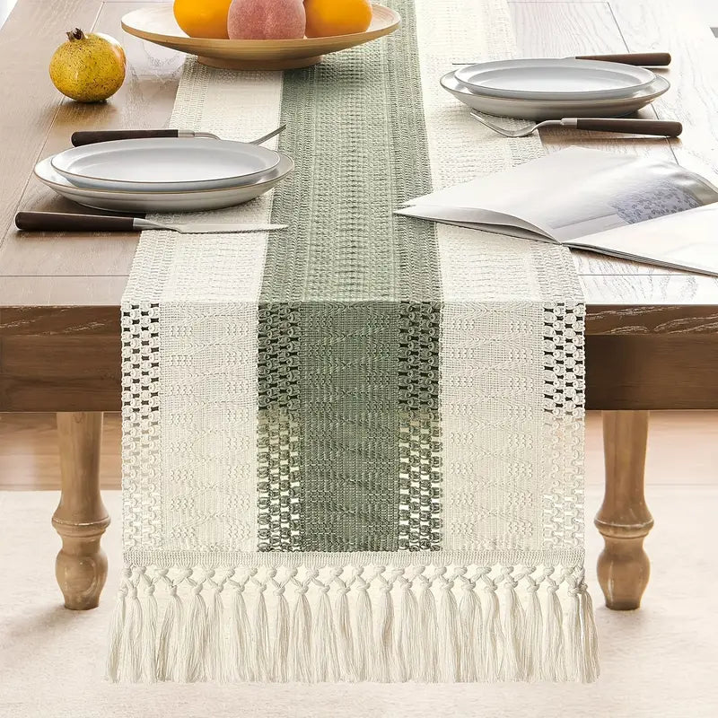 Boho Macrame Fringe Table Runner – Sage Green Striped Decor for Dining & Events