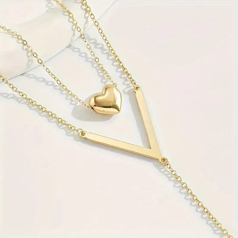Heart Layered Necklace Women Gold V Pendant Tassel