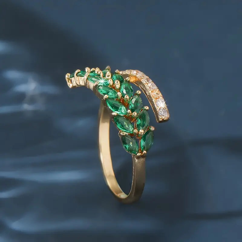 Gold Cuff Ring Adjustable Zirconia Leaves Copper