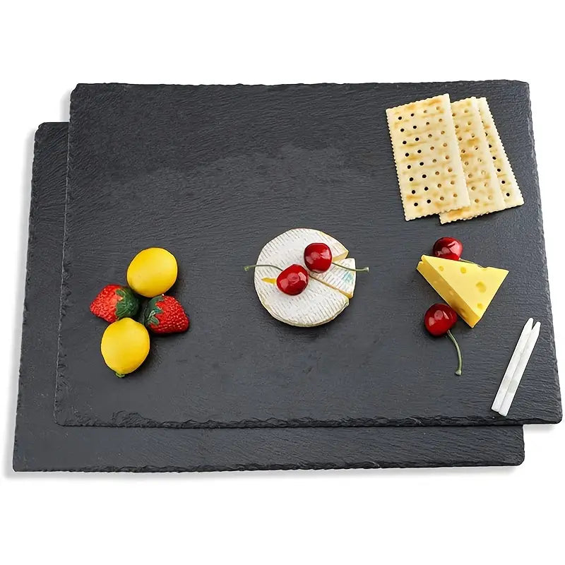 2-Pack Black Stone Slate Platters with 2 Chalk Pens