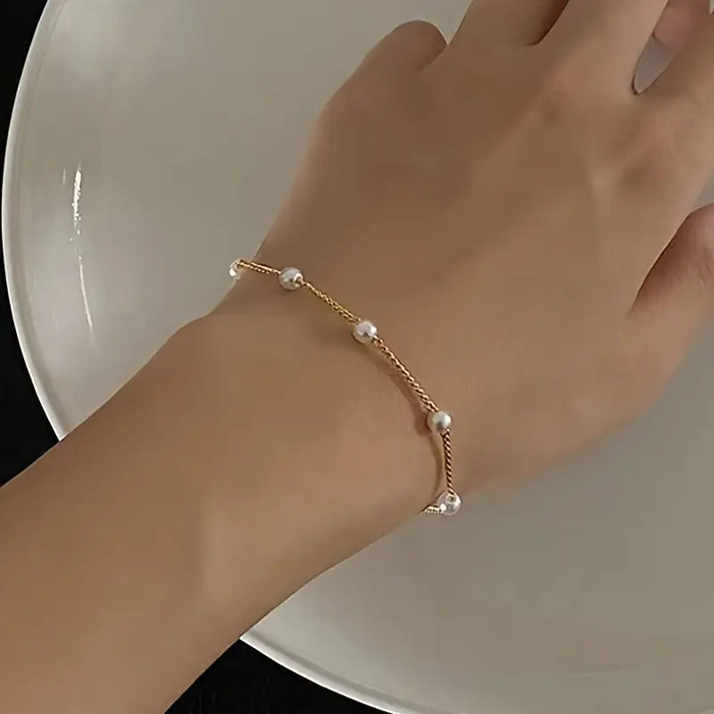 1pc Elegant Faux Pearl Beads Thin Chain Bracelet, Vintage Bohemian Style