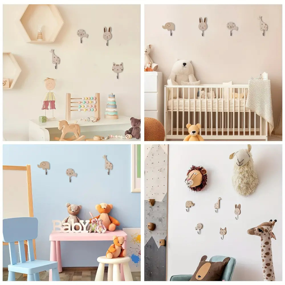 5pcs Wooden Animal Wall Hook Set, Cat, Lion, Rabbit, Giraffe, Elephant Shape Hooks