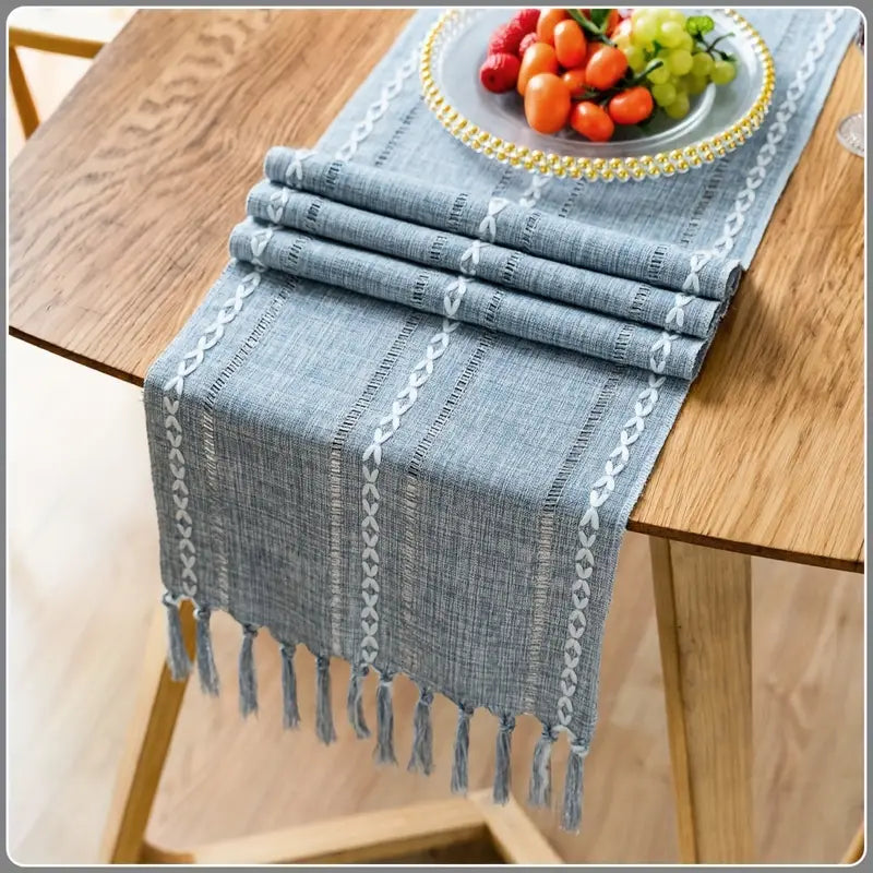 Rustic Boho Farmhouse Table Runner – Linen with Tassels, Handmade Embroidery