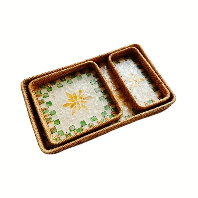 Shell Inlay Rattan Tray Set - Square Bamboo Serving Trays (3 Sizes)