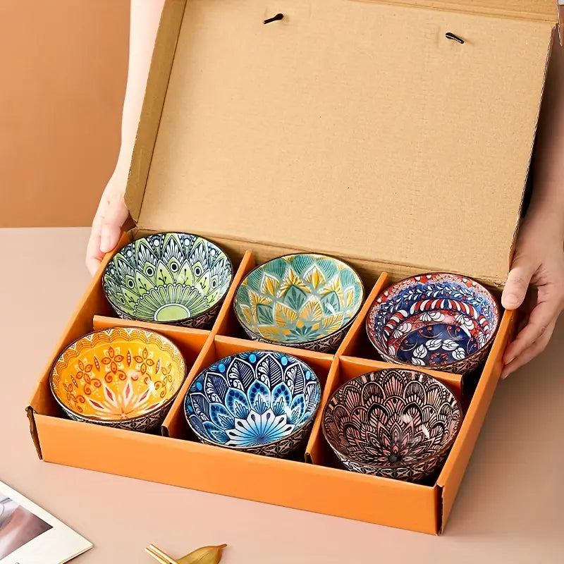 Bohemian Ceramic Bowls Set - 6pc Porcelain Soup Salad Gift