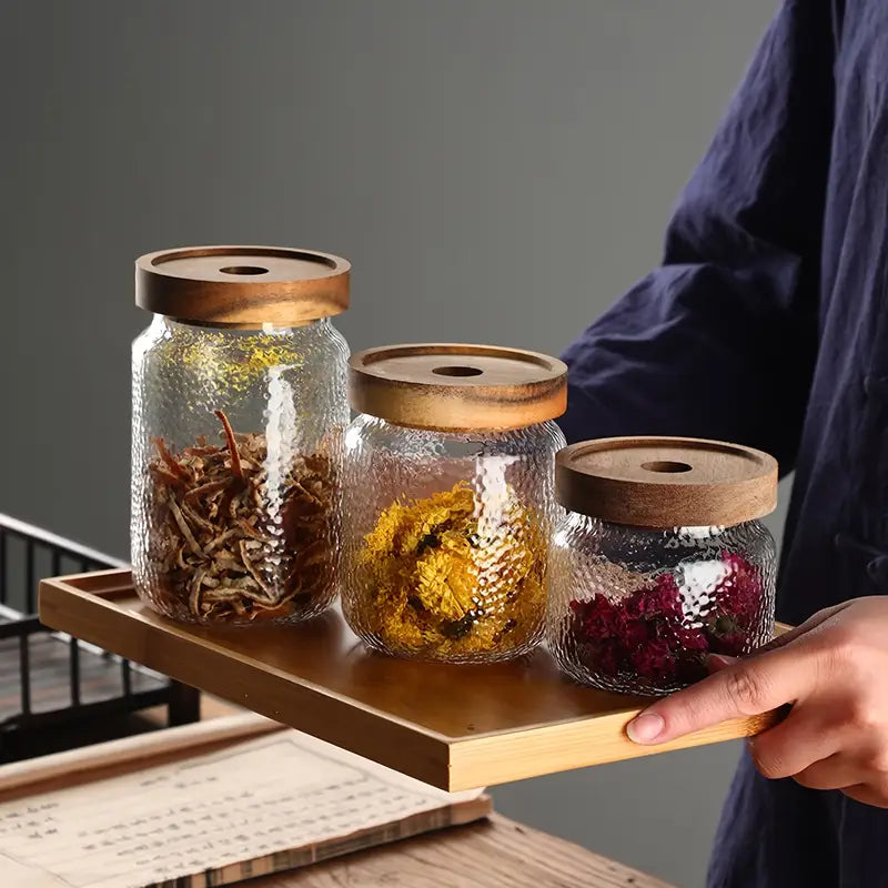 Airtight Glass Coffee Jars - Wooden Lid Canisters Food Storage