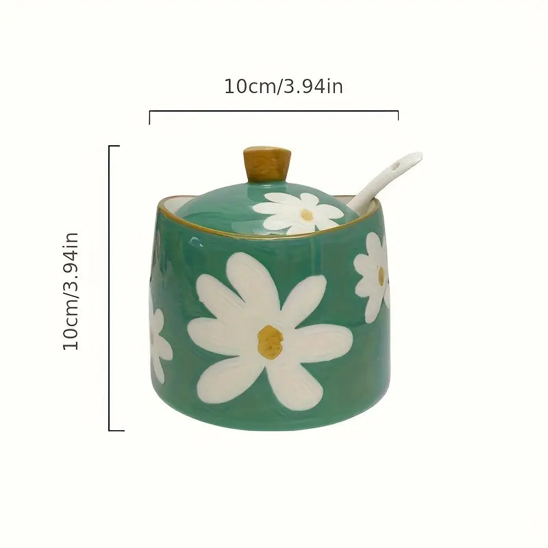 Floral Ceramic Spice Jar - Vintage Seasoning Container with Lid and Spoon