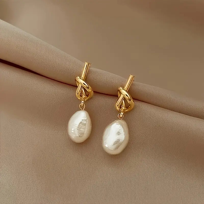 French-Inspired Faux Pearl Knotted Dangle Earrings - 925 Silver Post Alloy
