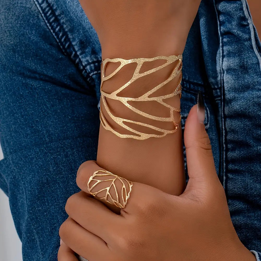 Chic Leaf Design 2pcs Jewelry Set - Open Cuff Bracelet & Ring Combo