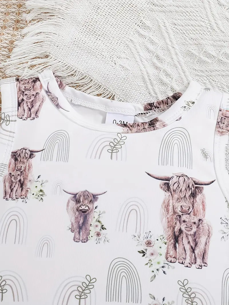Barboteuse bébé à imprimé vache | Combinaison sans manches style bohème pour tout-petits