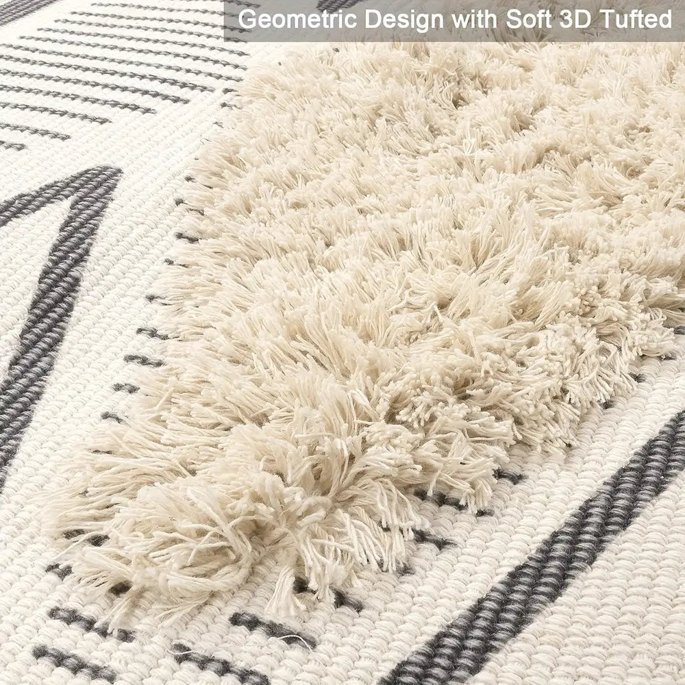 Tapis de bain bohème géométrique, tapis lavable en velours avec pompons