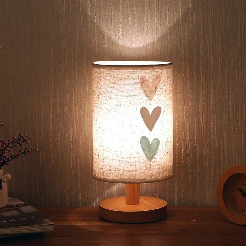 Heart Print Bedside Lamp - LED, USB Powered, Fabric Shade