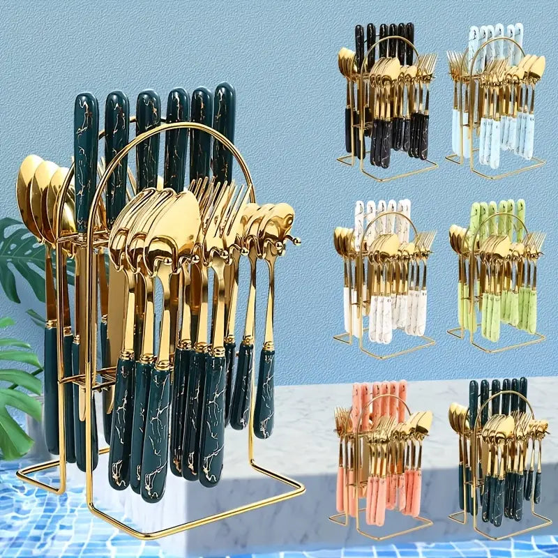 24-Piece Stainless Steel Marble Cutlery Set with Holder