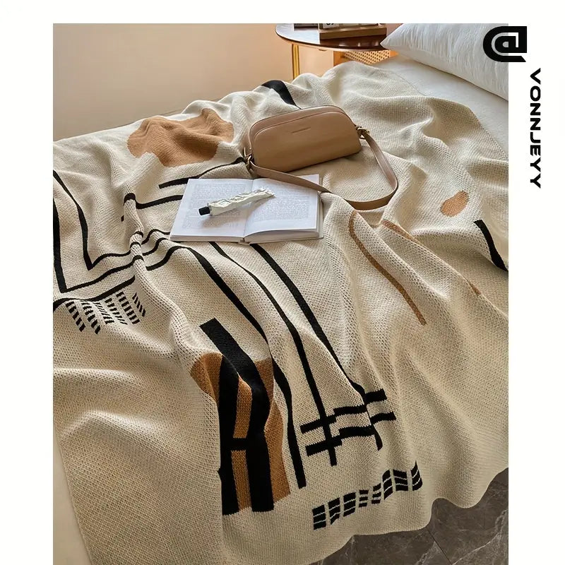 Cozy Nordic Knit Throw Blanket Striped Design, All-Season Use, Soft Acrylic Cover