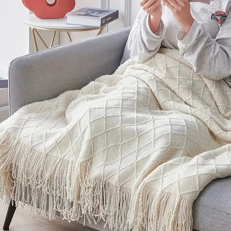 Geometric Throw Blanket: Large, Soft, Beige & White, Tassel Trim