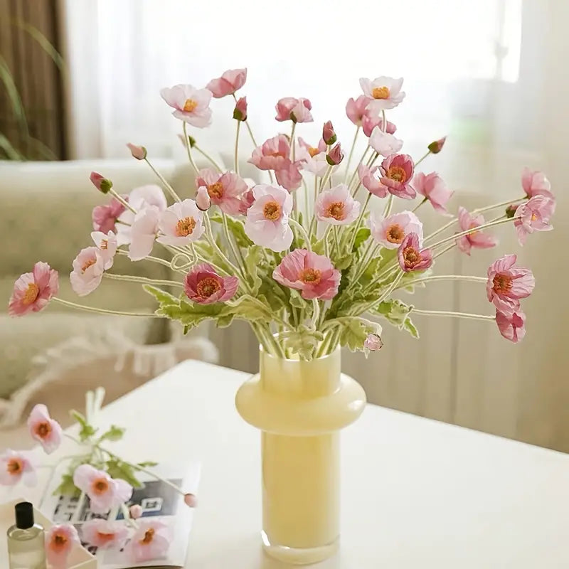 Fleur de pavot rose artificielle avec bourgeons – Tige florale en soie pour bricolage, décoration de maison et de mariage