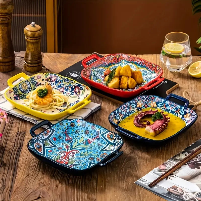 2PCS Boho Ceramic Baking Dishes – Oven Safe Pasta & Dessert Platters