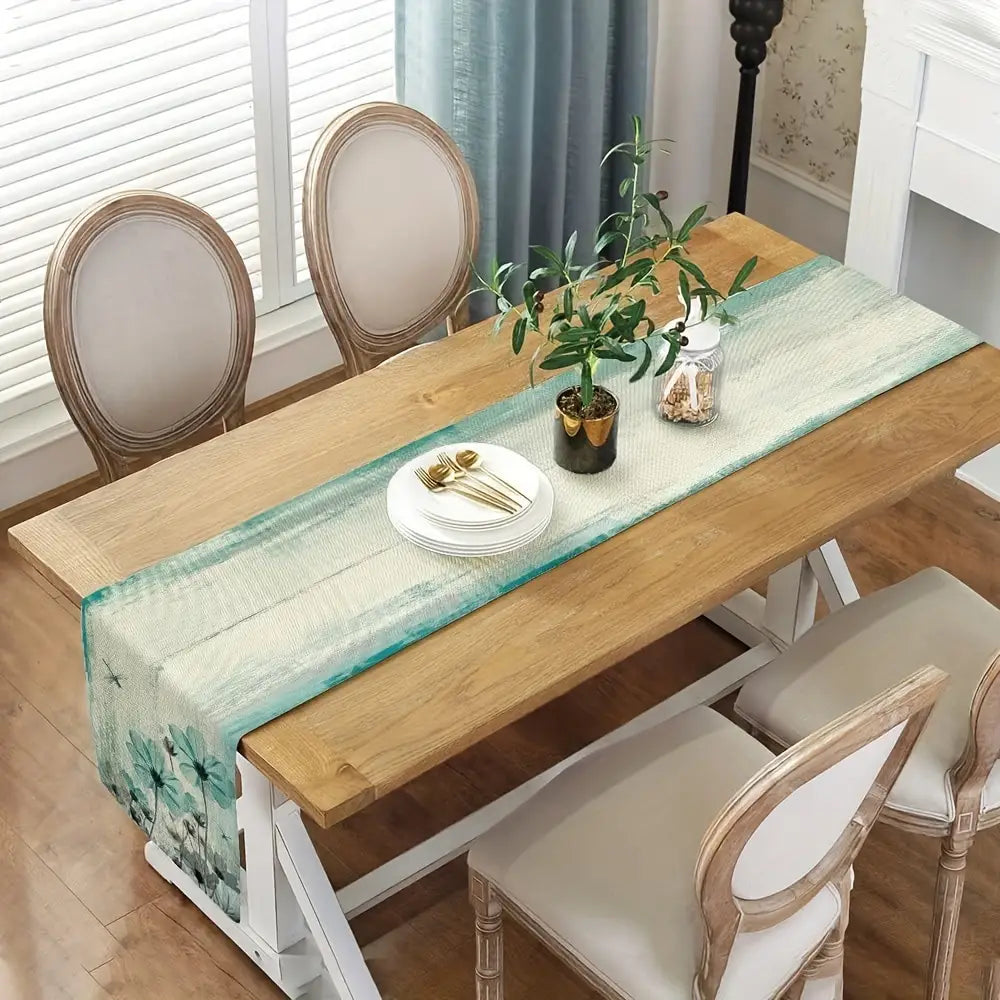 1pc Teal Flowers And Dragonfly Pattern Table Runner