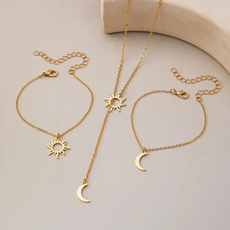 Sun & Moon Jewelry Set: Bracelet Necklace - Celestial Charm