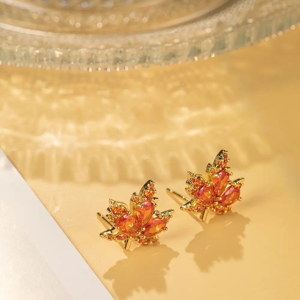 14K Golden Plated Red Maple Leaf zirconia Stud Earrings for Women