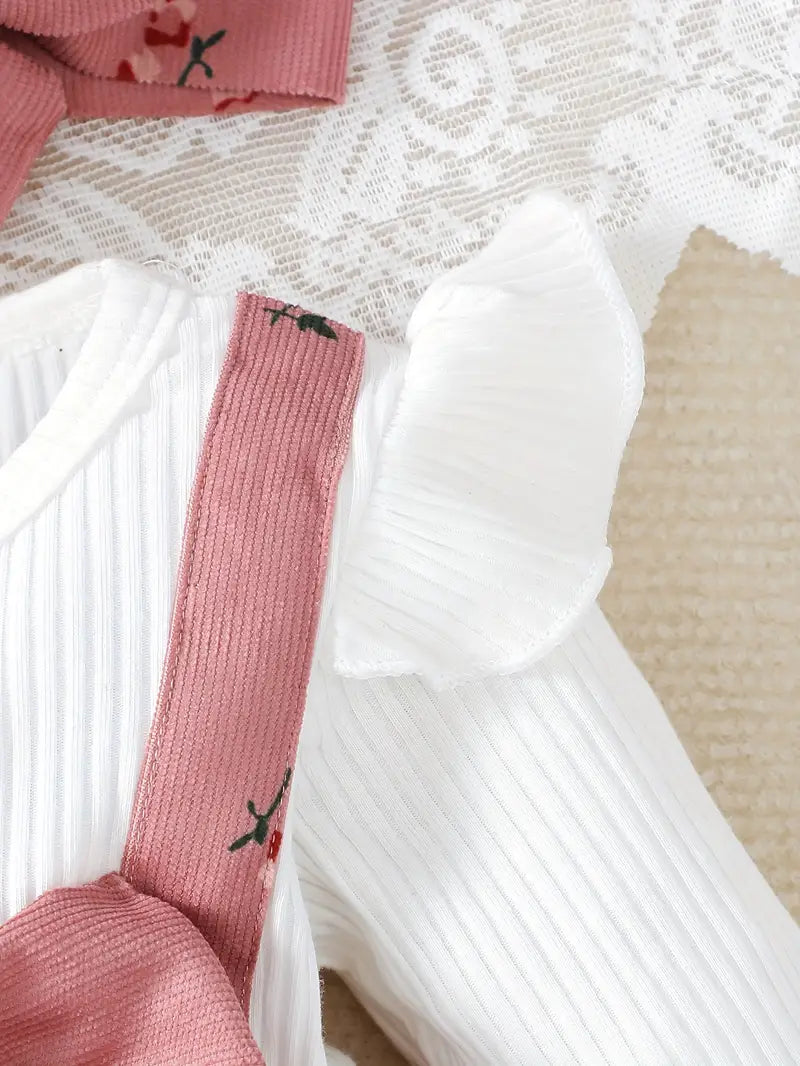 Robe en velours côtelé pour bébé fille | Ensemble deux pièces à manches longues et imprimé floral et nœud