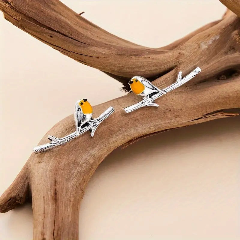Bird Earrings Women Orange White Studs Jewelry