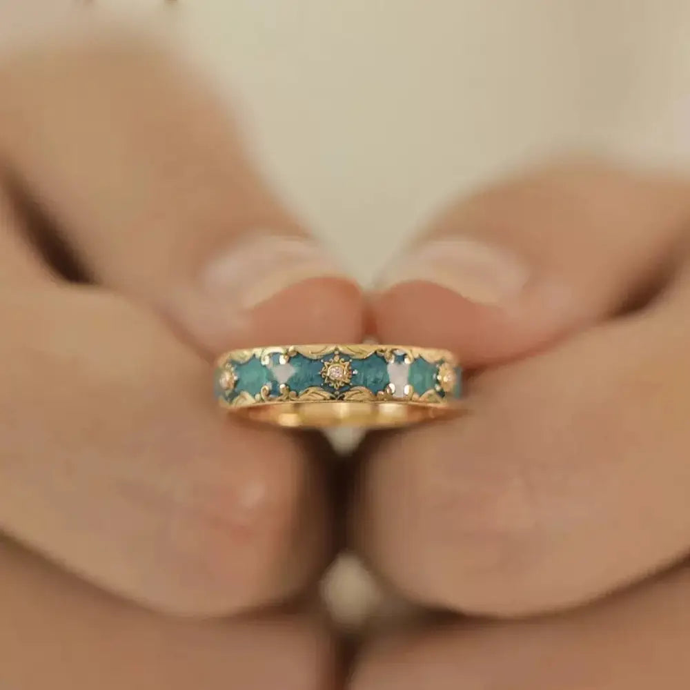 Bague ajustable vintage en cuivre avec malachite synthétique et zircone