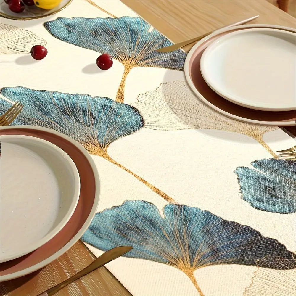 1pc Blue Green Golden Ginkgo Leaf Pattern Table Runner