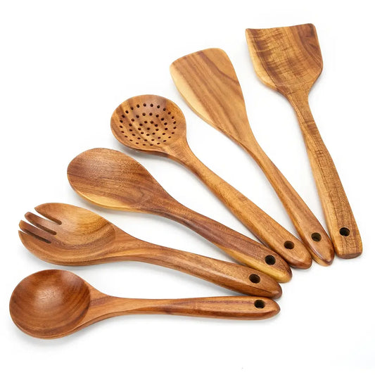 Ensemble de 6 ustensiles de cuisine en bois de teck - Cuillères en bois à prise confortable, antiadhésives et finition lisse