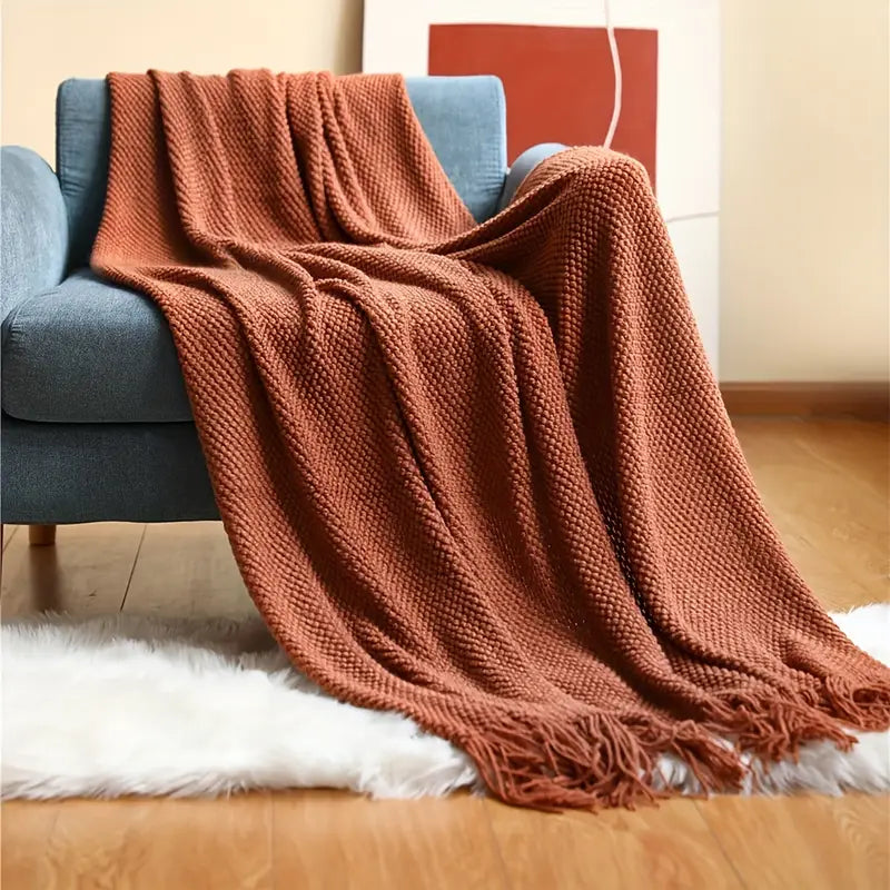 Knitted Throw Blanket with Tassels - Lightweight Bubble Texture