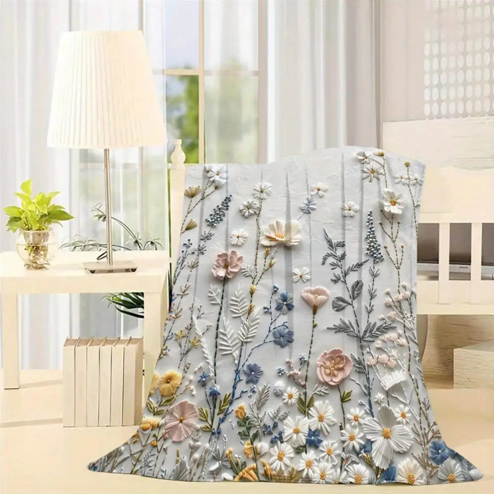 Floral Digital Print Flannel Throw Blanket - All-Season, Woven Polyester, Contemporary Style