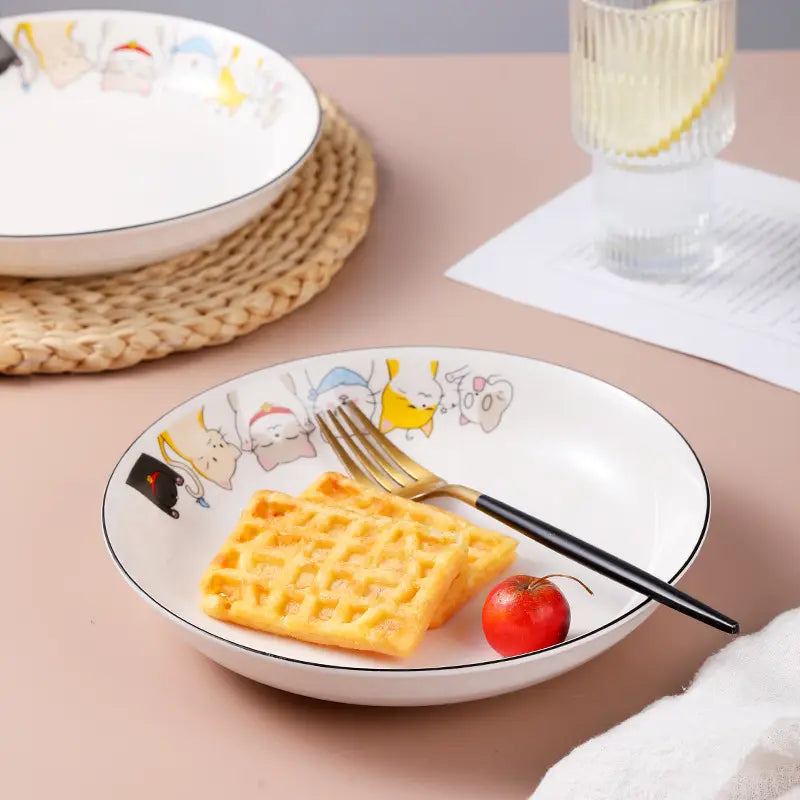 8" Ceramic Pasta Bowls - Cat Design, Dishwasher Safe (4-Pack)