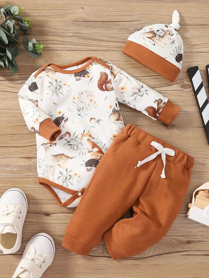 Ensemble grenouillère bébé aquarelle | Coffret cadeau body manches longues, bonnet et pantalon