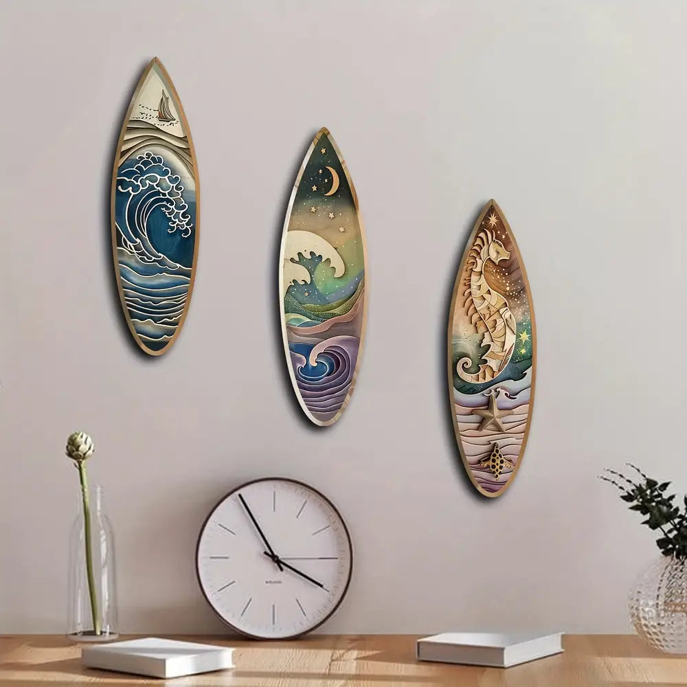 3pcs Boho Wooden Surfboard Wall Art Set with Sailboat, Seahorse, and Night Wave Patterns