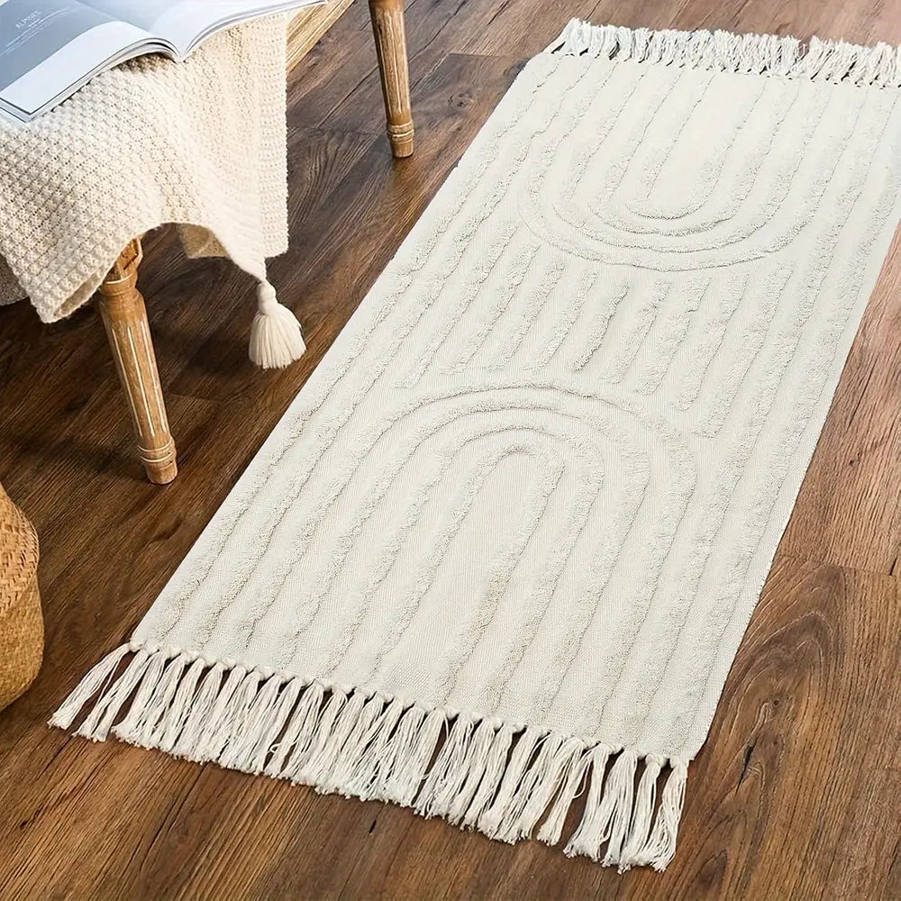 Tapis bohème à motif arc-en-ciel avec pompons - Lavable en machine