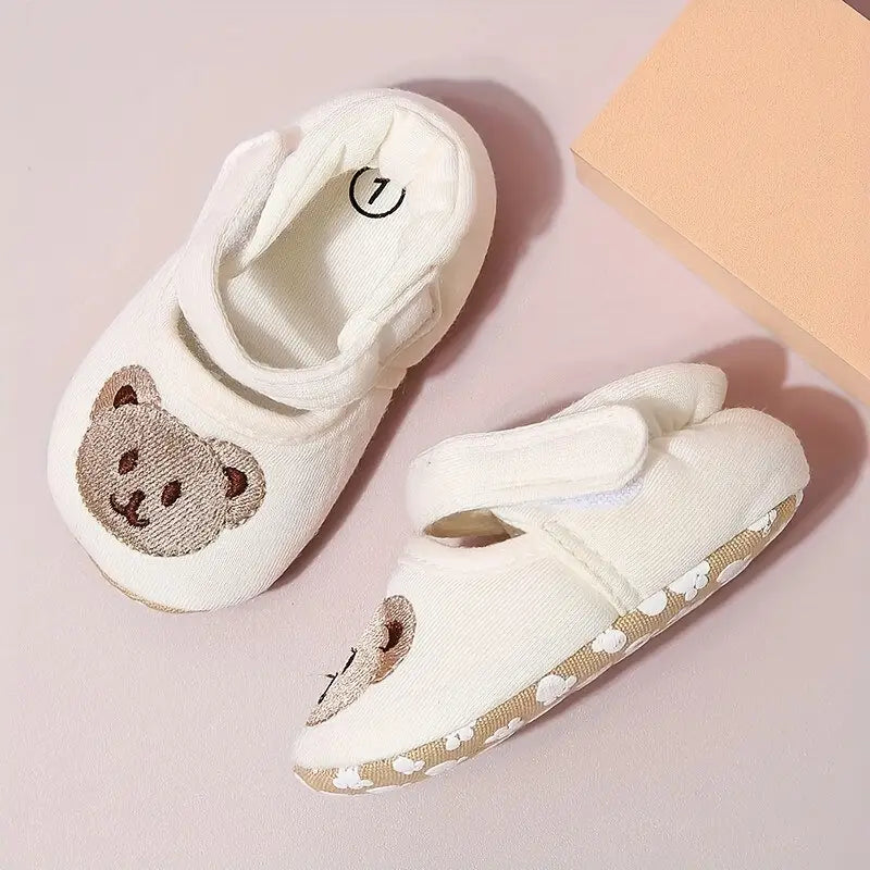 Cartoon Bear Embroidered Baby Shoes | Soft Fabric Slip-On Walking Shoes for Boys & Girls