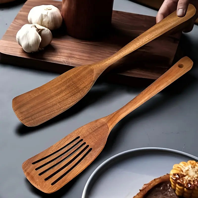 2pcs Wooden Flat and Slotted Spatula Set