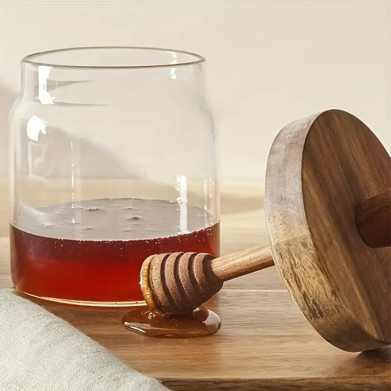 1PC Glass Honey Jar with Wooden Lid & Dipper – Sealed Borosilicate Storage