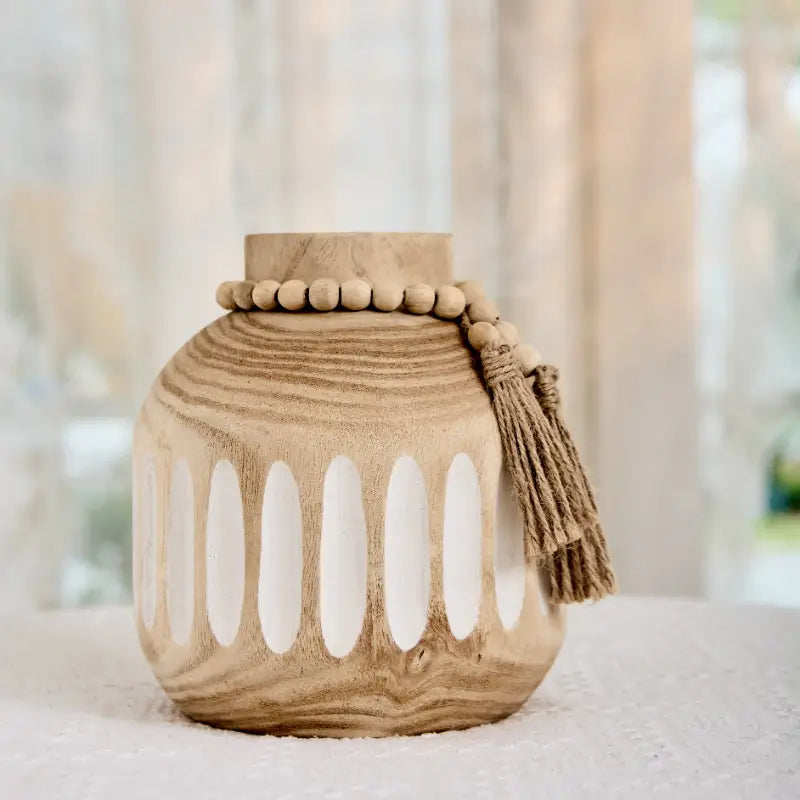 Boho Wood Vase Tassel Decor - Handmade Round Vase for Flowers