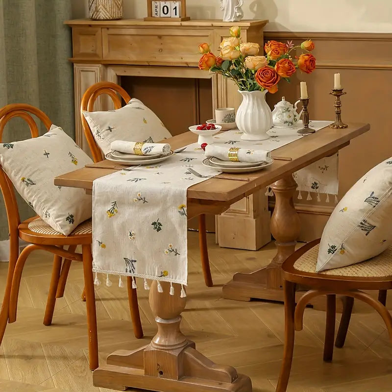 Beige Floral Table Runner – Polyester with Tassels for Dining & Kitchen Decor