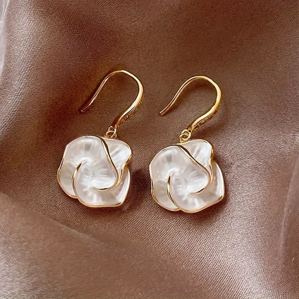 French Retro Style Camellia Flower Design Dangle Earrings