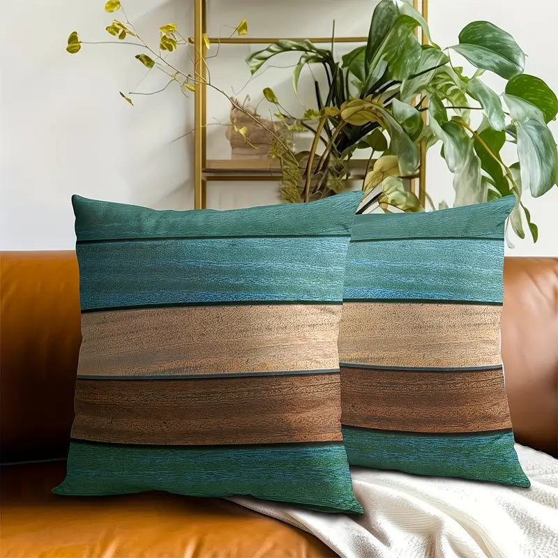 Lot de 2 housses de coussin contemporaines – Motif grain de bois bleu sarcelle et marron